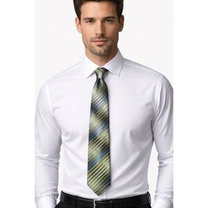 Van Heusen Silk Tie Green Blue Striped 57in Classic Mens Neck tie 3.5 business